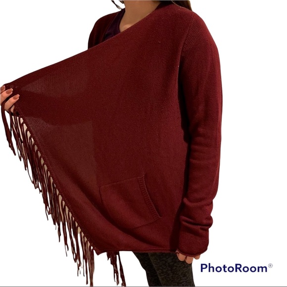 Lovestitch deep red burgundy sweater fringe pockets medium Love Stitch - Picture 2 of 11